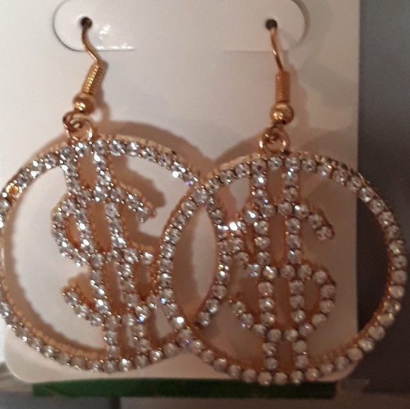 SILVER Dollar Sign Earrings with Crystal Rhinestones NEW - Picture 4 of 8